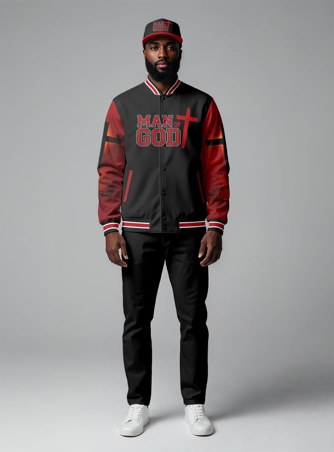 Man Of God Red Baseball Jacket & Hat Bundle