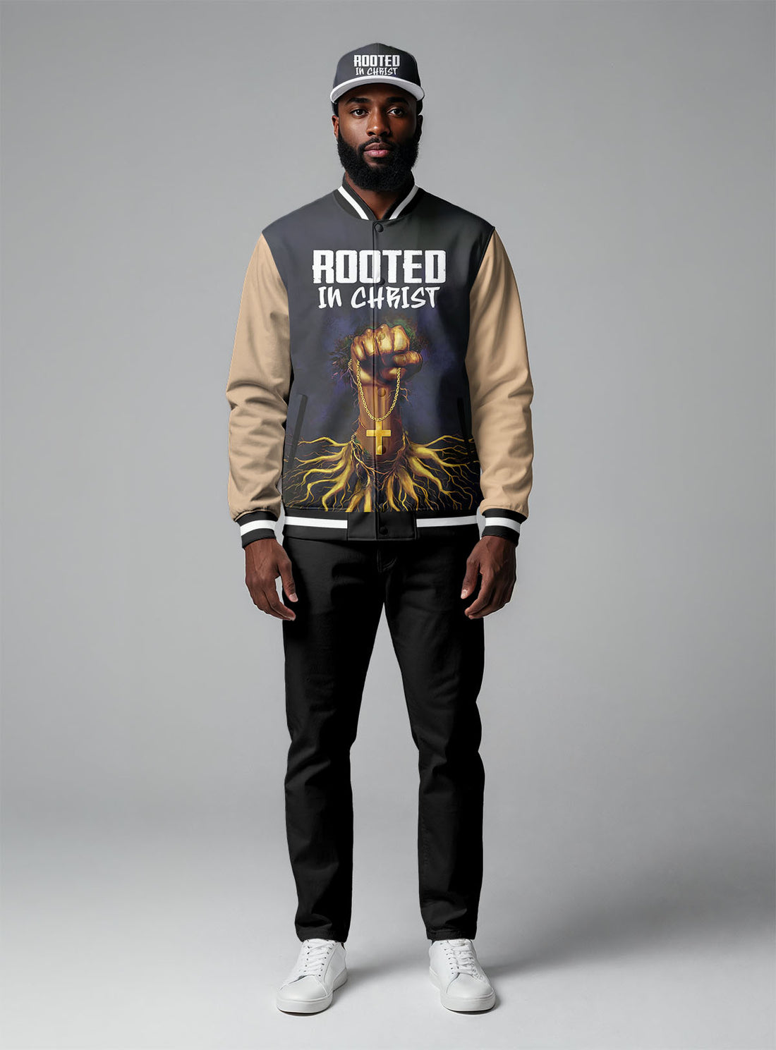 Rooted In Christ Baseball Jacket & Hat Bundle